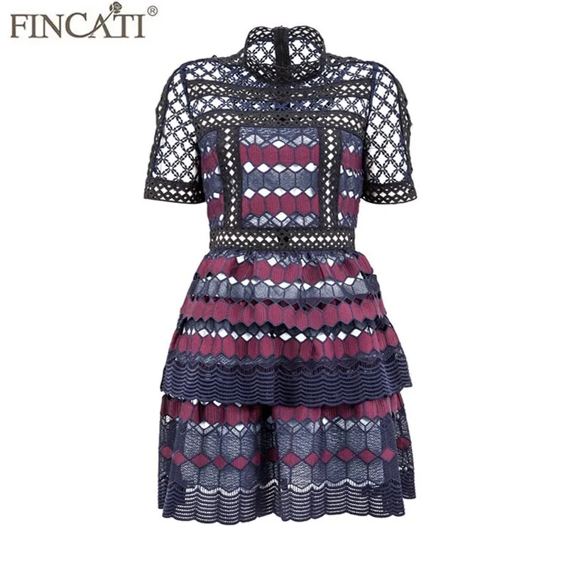 

Dress Women 2018 Spring Summer Lace Patchwork Hollow Out Contrast Color Slim Fashion Sexy Guipure-Lace Mini Dresses
