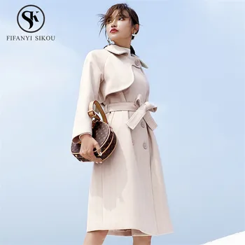

High quality Women Wool coat Classic Double Breasted Belt Wool blends Long Winter Coats Female Casual Warm Outerwear Elegant