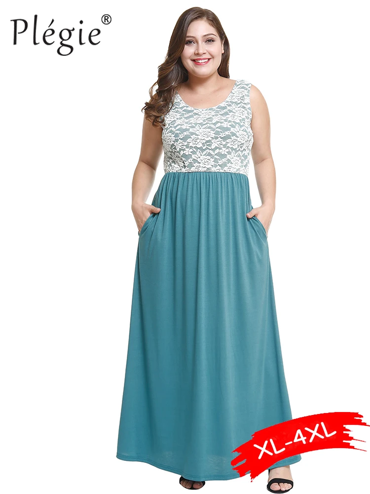 

Plegie XL-4XL Plus Size Summer Dress 2019 Lace Patchwork Women Sleeveless Elegant Party Dresses Casual Loose Dress Vestidos