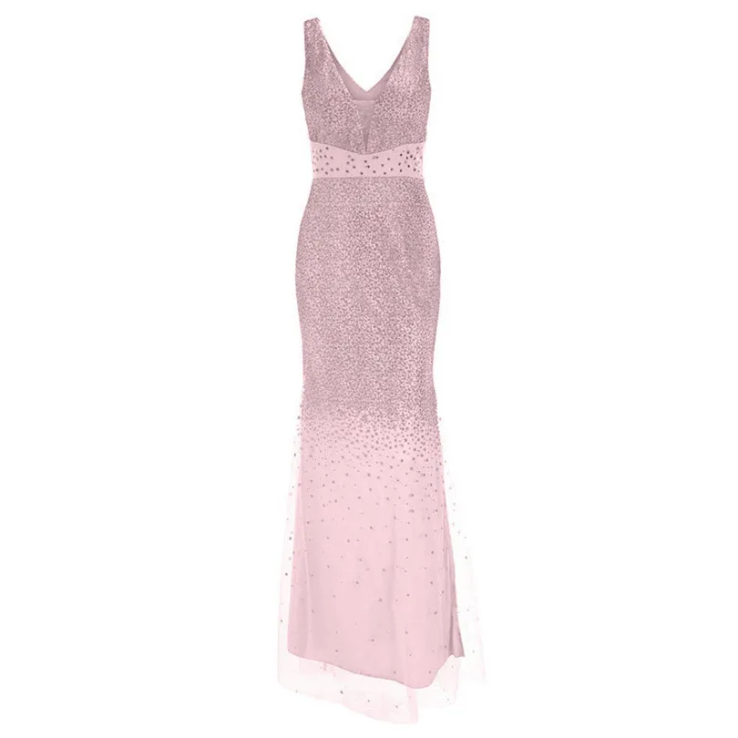 Seqiuned Dress Party Women V Neck Summer Dress Sleeveless Dress Long Party Solid Dresses Big Size Vestidos De Festa 40MAY1712