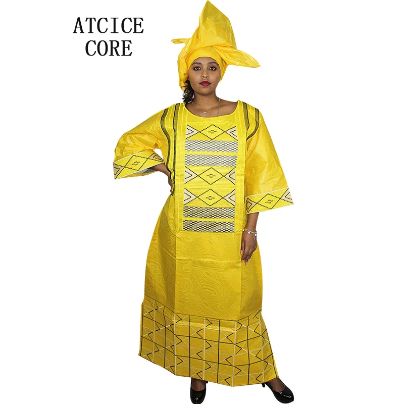 

AFRICAN DRESSES LONG DRESSES RICHE BAZIN EMBROIDERY DESIGN DRESS WITH SCARF A061#