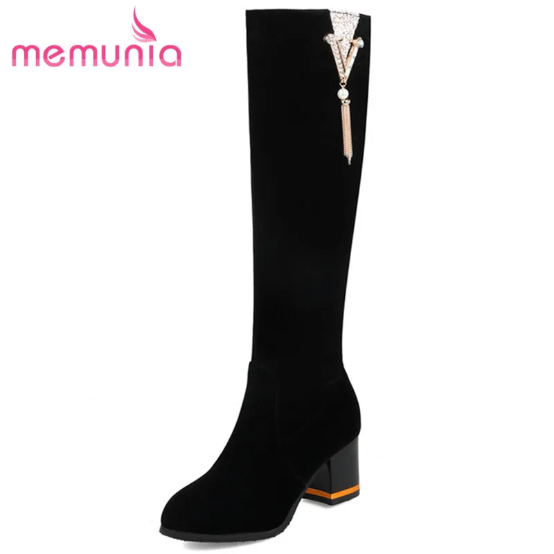 

MEMUNIA 2018 new knee high boots fashion simple crystal boots elegant round toe thick heels winter women boots big size 32-45