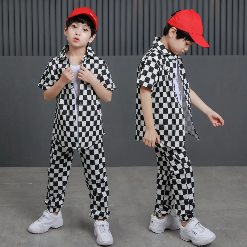 

Children's sets HipHop Plaid Cotton shirt boy Clothes Jazz Costume for Boys Cropped Top Sweatshirt Pants kids Dance Streetwear