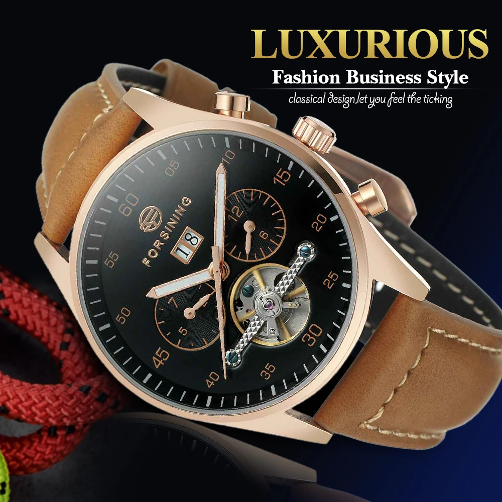 

FORSINING Men Automatic Mechanical Watch Luminous Hands Tourbillon Wristwatch Genuine Leather Strap Canlendar Date Sub-dial