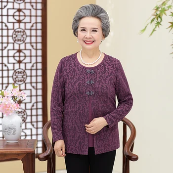 

Fake Two Pieces Women T-shirt Tops Plus Size Mother Pullover Clothes Spring Fall New Grandma O-Neck Floral Long Sleeve Tshirt