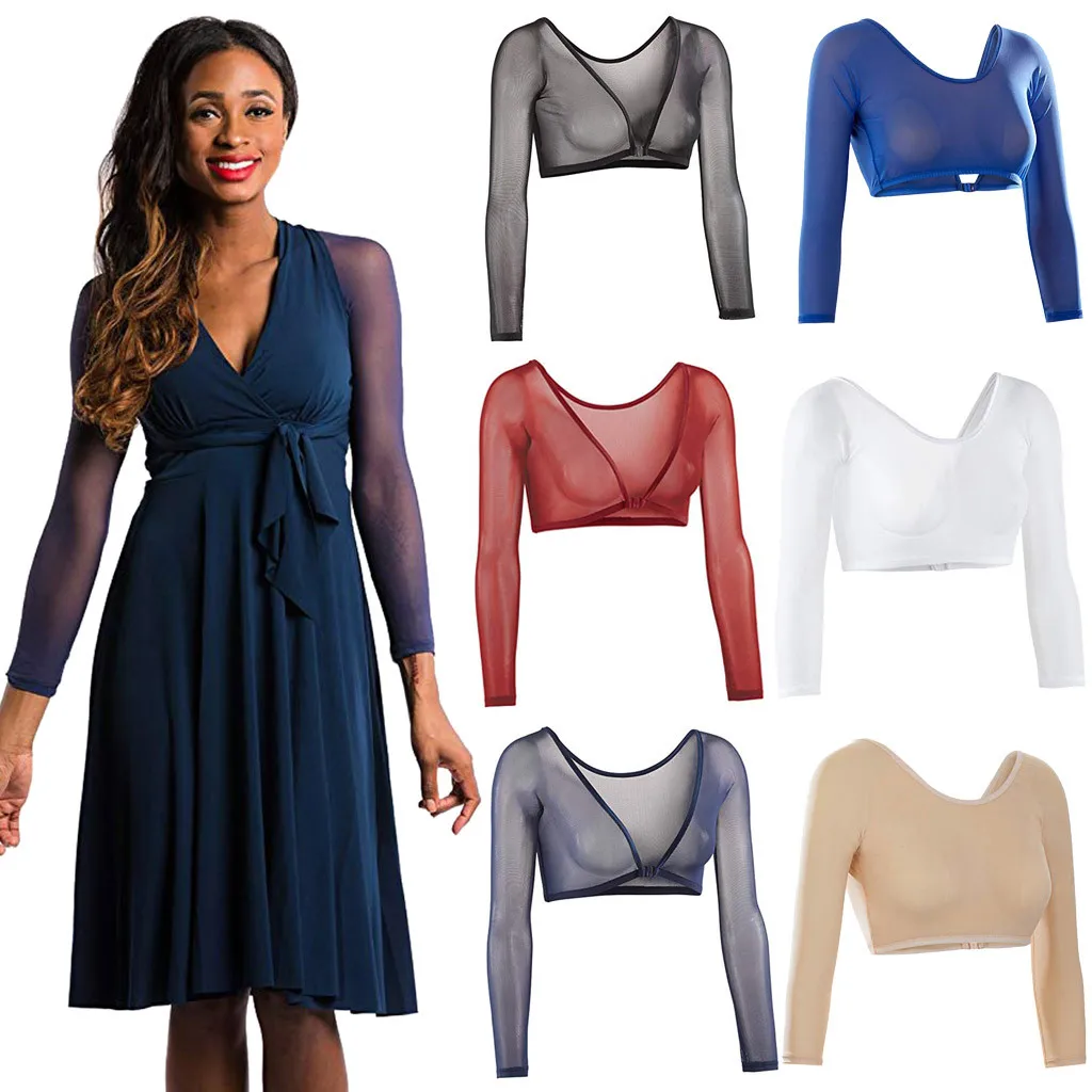 

Women Both Side Wear Sheer Plus Size V-neck Long Sleeve Seamless Arm Shaper Crop Top Shirt Blouses Perspective Cardigan tops VE7