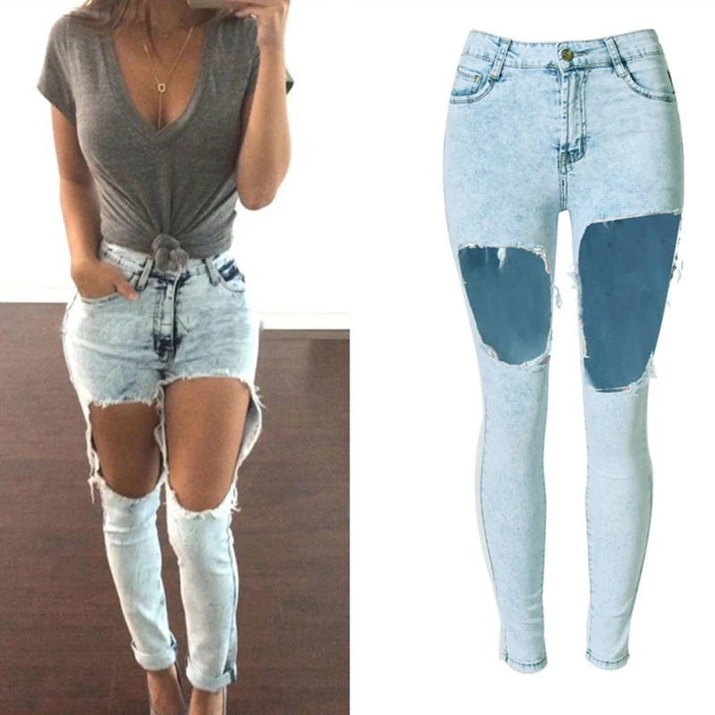 European style Pure cotton hole women jeans plus size high quality fashion vintage boyfriend high waist