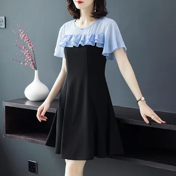 

New2019 Summer Midi dress plus size elegant chiffon patchwork petal sleeve A-line dress ruffled sweet casual vestidos XXXXXL 5XL