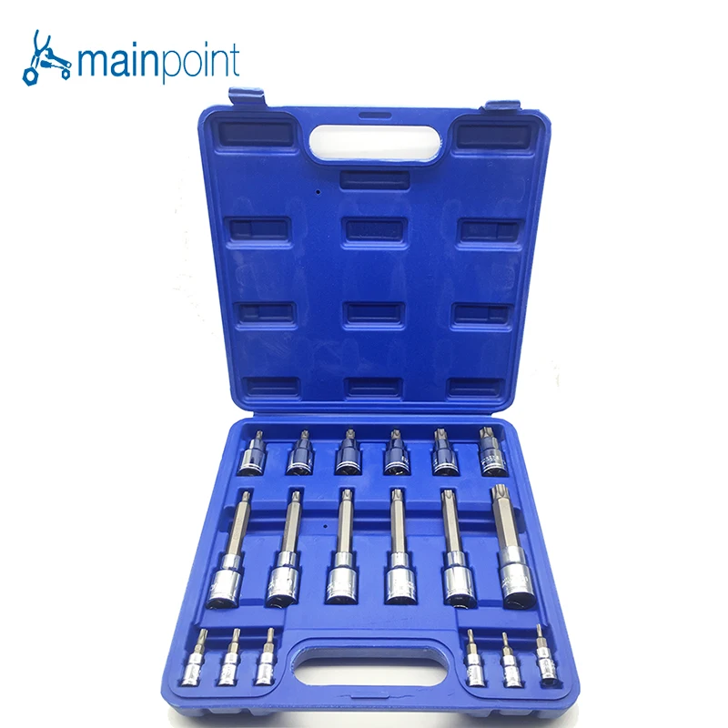 

Mainpoint High Quality 18pc Tamper Proof Torx Star Bit Socket Nuts Set 1/4",1/2" Drive T8-T60, For Auto/Car Repair and Home Use