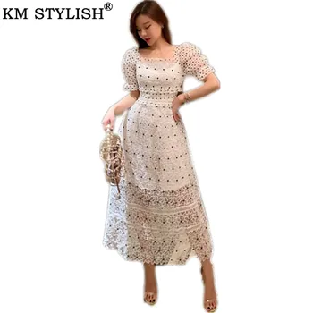

2019 New Summer Women's Long One-piece Dress France Short Sleeve Square Collar Water-soluble Lace Polka Dot Maxi Dress