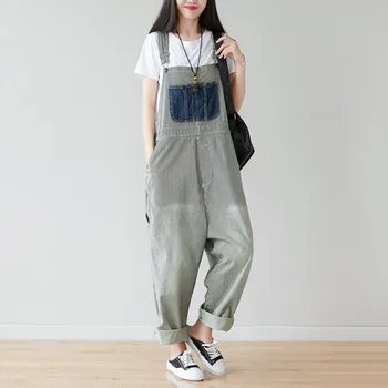 

2019 New Vintage Striped Denim Rompers Overalls Summer Oversized Drop Crotch Jumpsuits Basic Jeans Pant Wide Leg Jumpsuit Female