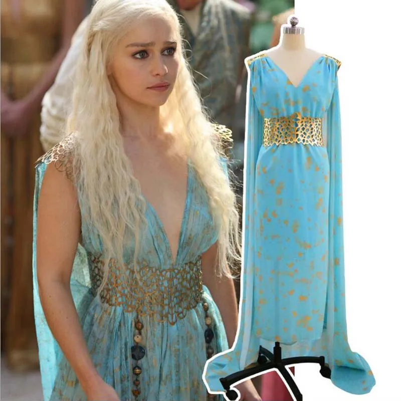 

Game Of Thrones Daenerys Targaryen Cosplay Costume Dress Halloween Party Long Blue Dress