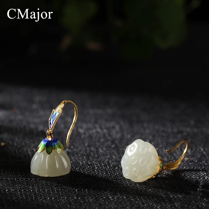 CMajor Handmade Cloisonne Enamel Gold Color Earrings With Hetian Natural Stone Retro Silver Earrings For Women Elegance Jewelry цена CMajor Handmade Cloisonne Enamel Gold Color Earrings With Hetian Natural Stone Retro Silver Earrings For Women Elegance Jewelry цены онлайн