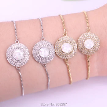 

10Pcs New Arrival Pave CZ Cubic Zircon Shell Round Charm Adjustable Chain Bracelet