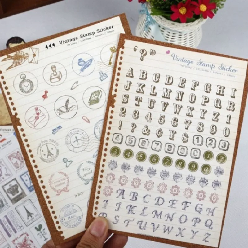 6sheets vintage stamp design paper stationery label stickers for scrapbooking letters clip clock shape craft