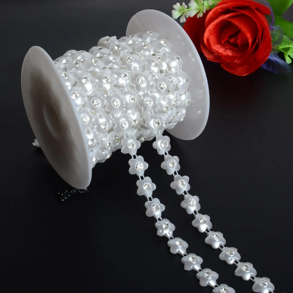 

BOLIAO 1 Yard 12mm (1/2") Width Flower ABS Flatback Plastic Imitation Pearl With 5mm Rhinestones Chain Trim DIY R2064