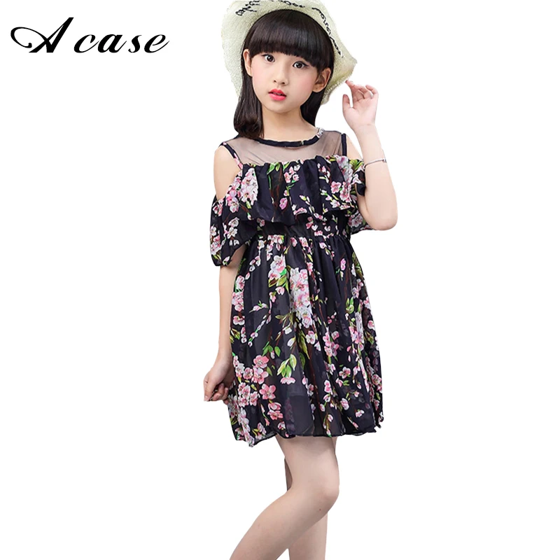 

2018 New Princess Children's Dress Clothing Girls Party Summer Strapless Peach Blossom Flower Chiffon A-Line Navy Chic Dresses