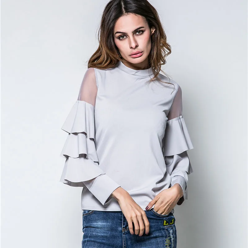 Blusas femininas 2018 Модная рубашка с длинными рукавами выдалбливают Кружево Flare рукавом