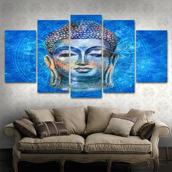 

New Design 5 Pieces Blue Color Buddha Printed Canvas Painting Livig Room Wall Art Pictures No Frame Do Dropshipping