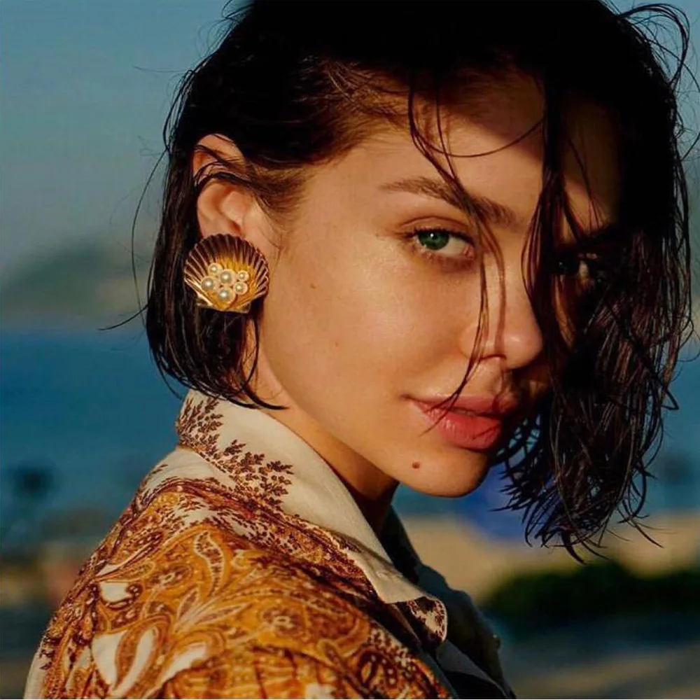

Trendy Design Simulated Pearls Shell Shape Stud Earrings Gold Color Alloy Maxi Jewelry Brincos Girl's Bohemia Party Earrings