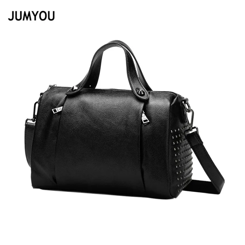 

Genuine Leather Handbags For Women Boston Cow Leather Fashion Vintage Simple Rivets Handbags For Girls Real Leather Boston bags