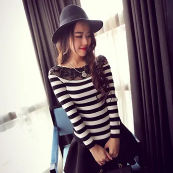 

Chic Women Sexy Casual Striped Long Sleeve Shirt Lady Lace Knitted Tops Knitwear