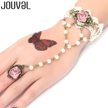 JOUVAL, белый кружевной браслет, соединенный с кольцом на пальце для женщин, свадебные украшения, розовая роза, Очаровательная цепочка, браслет на руку и браслет, винтажный аксессуар