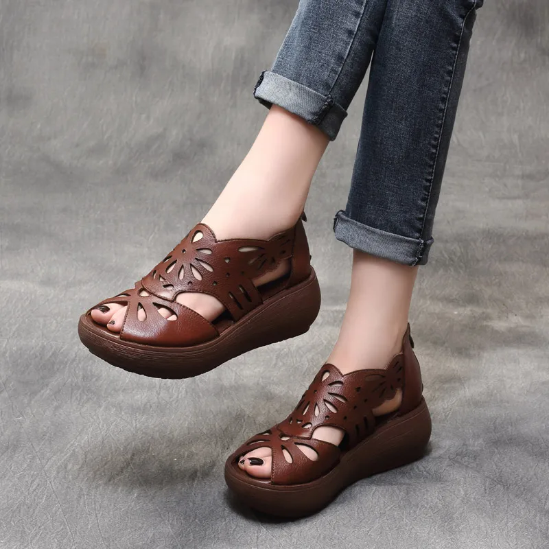 Women Leather Sandals Wedge Shoes Embroidery 6 Cm High Heels Chunky Sandals Beige Retro Shoes Handmade Genuine Leather Sandals