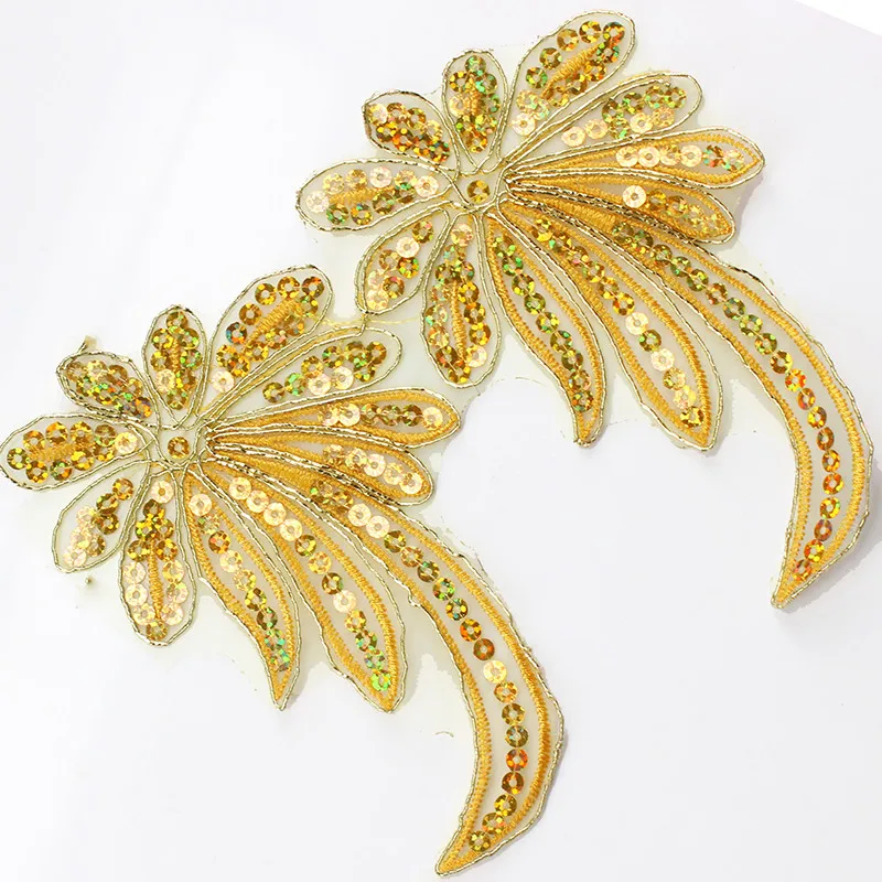 Crafts Gold Flower Applique Sequin Trim Beaded Trims Embroidery Patch
