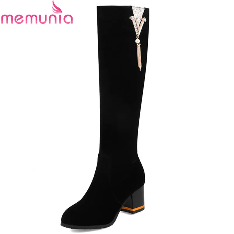 

MEMUNIA 2020 large size 33-45 round toe autumn winter knee high boots simple zipper flock long boots fashion high heels shoes