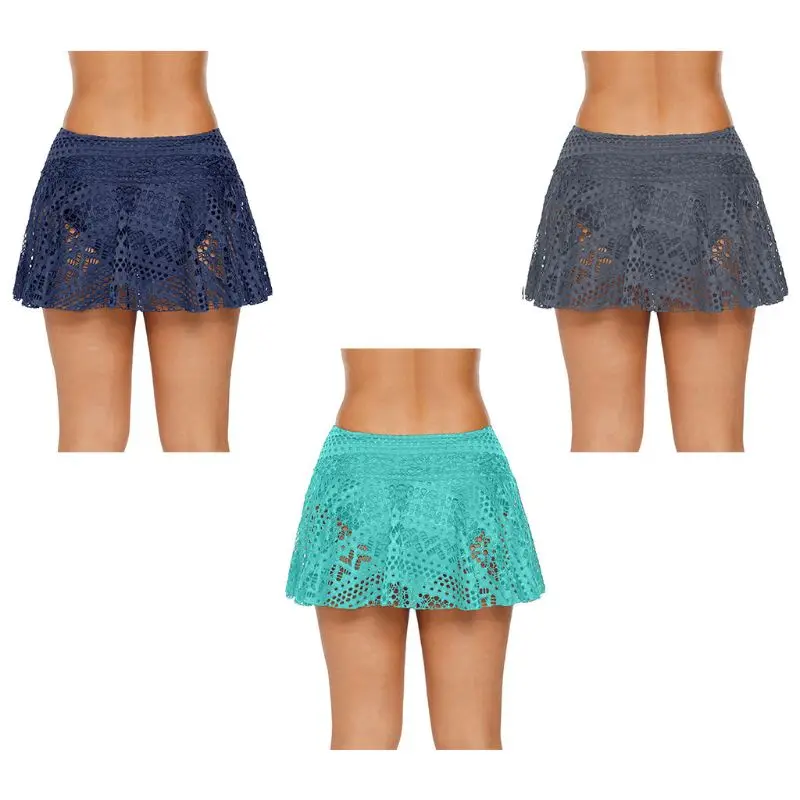 

Women High Waist Mini Pleated Swim Swing Skirt Hollow Out Crochet Floral Bikini Bottoms Solid Color Swimsuit With Brief Underlay