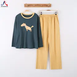 Jcvanker 100% хлопковые пижамы комплект для Для женщин Демисезонный мягкая Домашняя одежда зеленый желтый узор собака Длинные штаны леди одежда