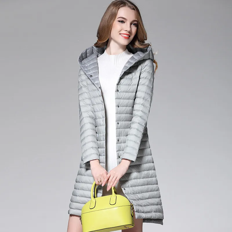 Новинка, осенне-зимние однобортные тонкие длинные пуховые пальто, женские куртки с капюшоном на белом утином пуху, элегантная тонкая ветрозащитная верхняя одежда Mw557 - Цвет: Серый