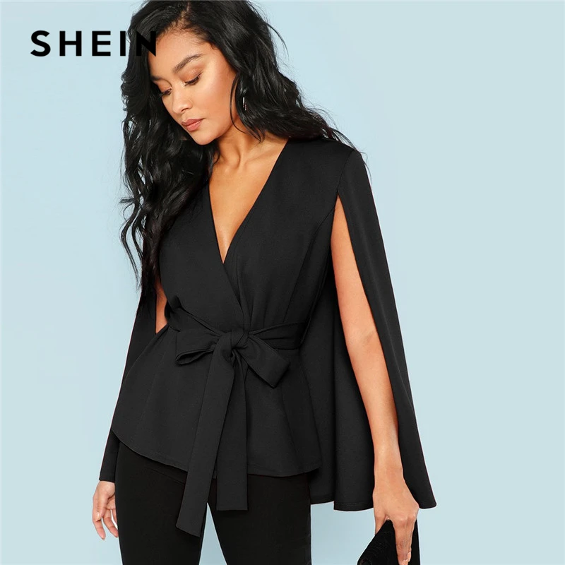 SHEIN vêtements de travail noir profond col en V surplis cou cravate taille Cape manches manteau 2018 Streetwear moderne dame manteau d’extérieur nouveau