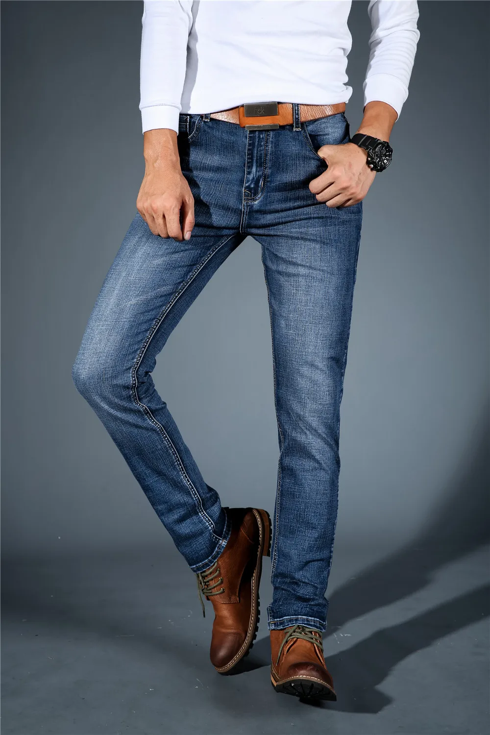 CHOLYL мужские джинсы средней длины из эластичного спандекса, облегающие джинсы, брюки для деловых мужчин, синие и черные цвета
