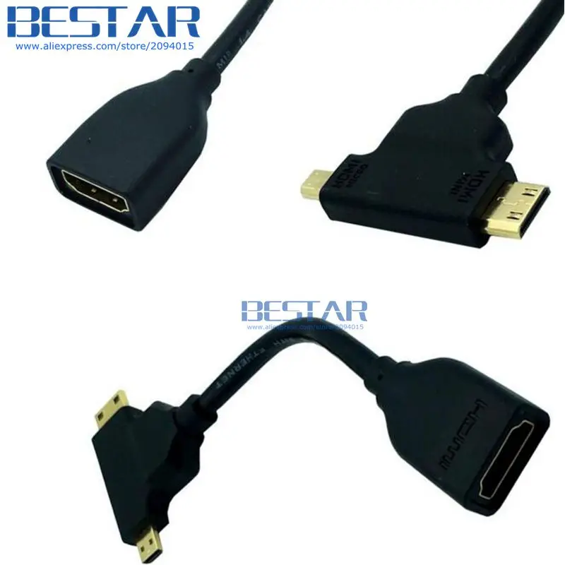 

(100pcs/lot) 2IN1 HDMI A type Female to Micro HDMI D type Male and Mini HDMI C type Male adapter short cable hdmi 1.4 10CM 0.1m