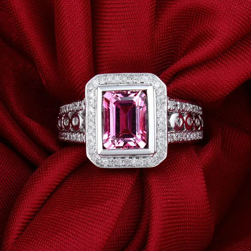 Романтическое модное кольцо изумрудной огранки из белого золота 14 к с бриллиантами, турмалиновое обручальное кольцо, хорошее ювелирное изделие, настоящие драгоценные камни для женщин