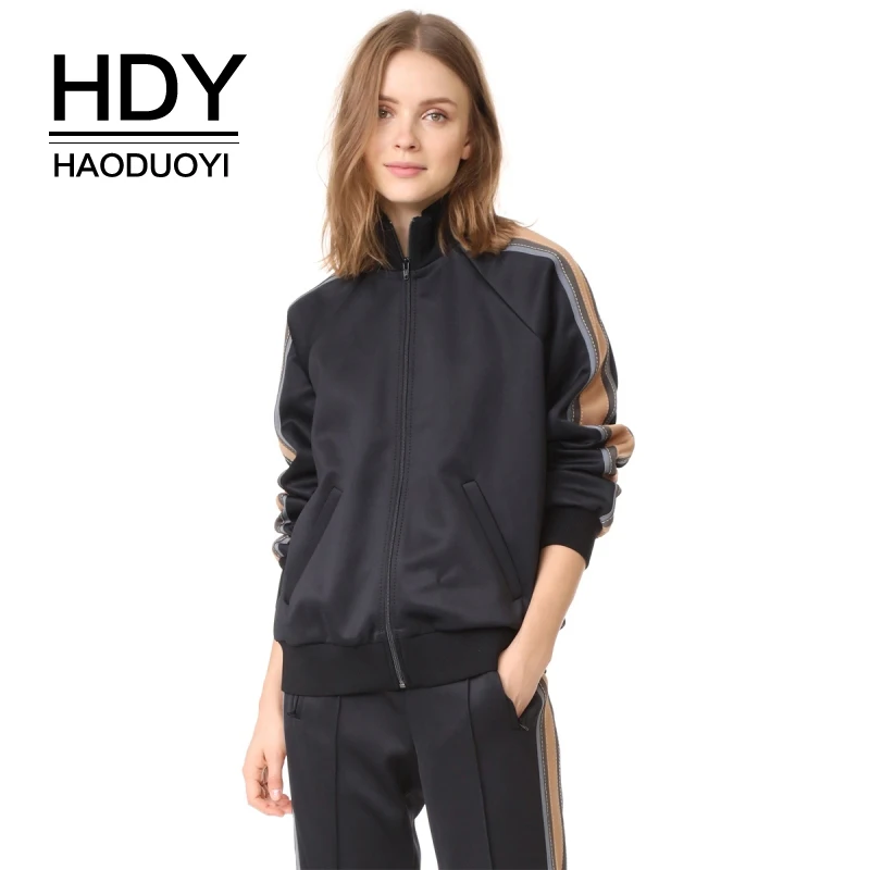 Женская куртка HDY Haoduoyi черная повседневная на молнии с рукавом в полоску|jacket