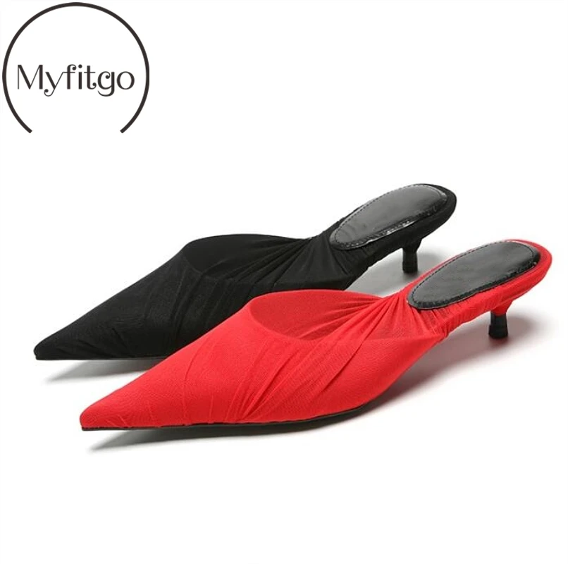 

Myfitgo Women Slippers Slip on Mules Fashion Design Shallow Pleated Female Slippers 3cm Thin Heels Spring Autumn Mules Shoes New