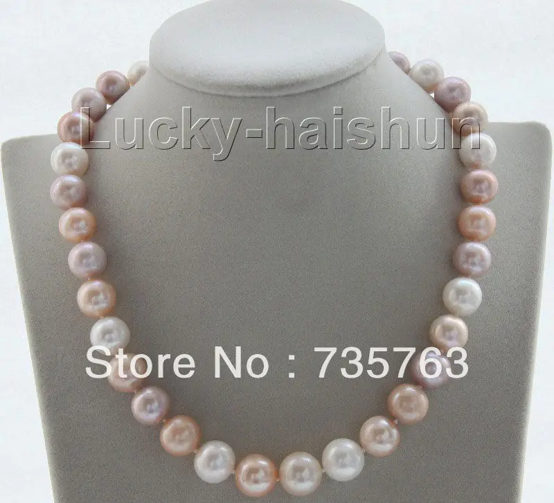 

xiuli 00176 12mm natural round white pink purple pearls necklace Platinum Plated