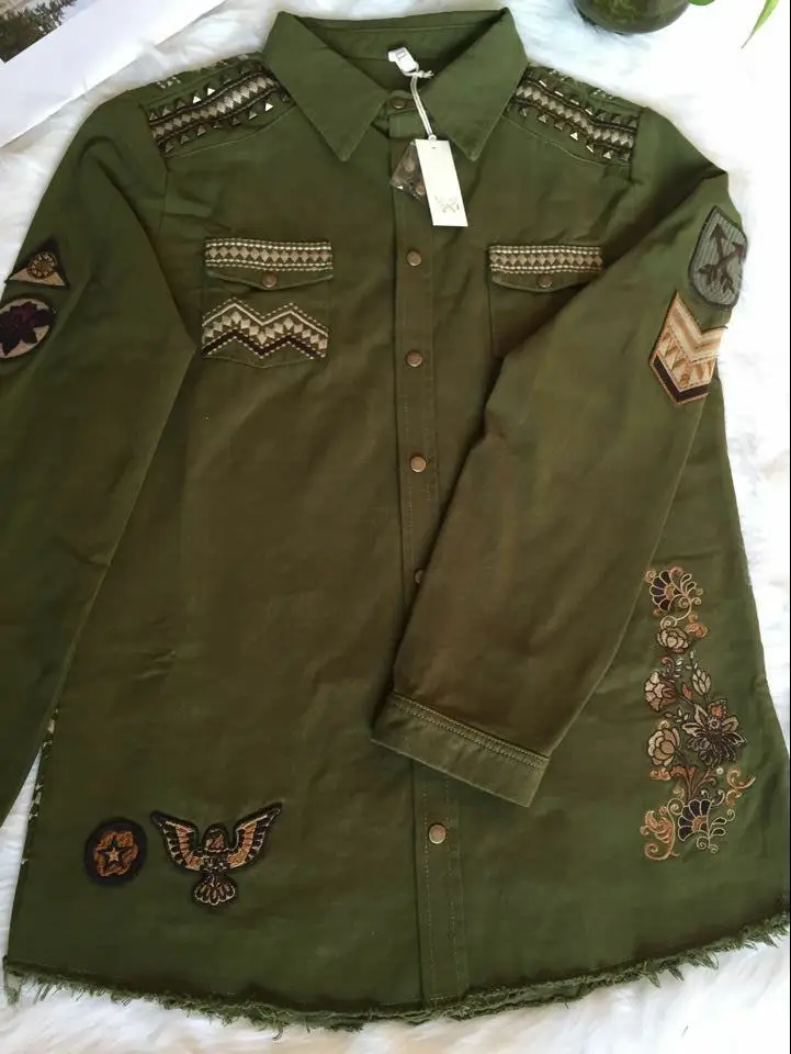 Rivets floral embroidery army green panther embellished front pockets cotton women loose spring jacket and shirts