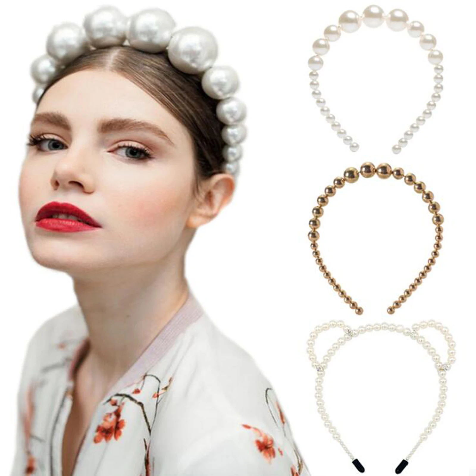 

New Fashion Girls Hairband Big Pearls Hairbands Elegant Headband Gold Silver Hair Hoop Cute Bear Ear Hair Accessories