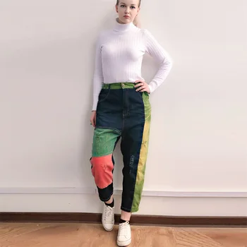 

New Retro Washed Denim Personality Hole Stitching Corduroy Straight Pants Large Size Thin