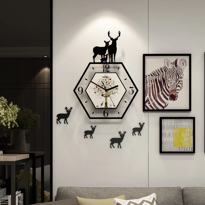

New 3D Animal Deer Colorful Tree Flower Emboss Large Wall Clock Modern Design Home Decor Quartz Hanging Clocks With Wall Sticker