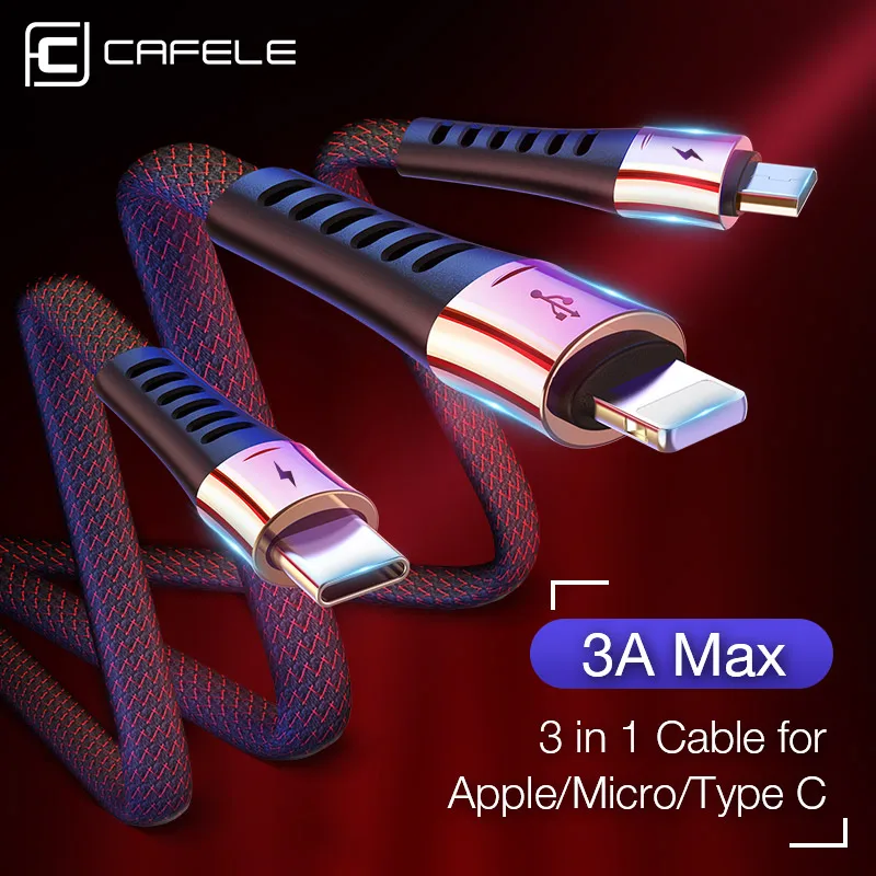 

Cafele 3 in 1 USB Cable for iPhone Micro Type C USB Charging Cable for Huawei Xiaomi Samsung Zinc Alloy 3A Max Cable 130cm