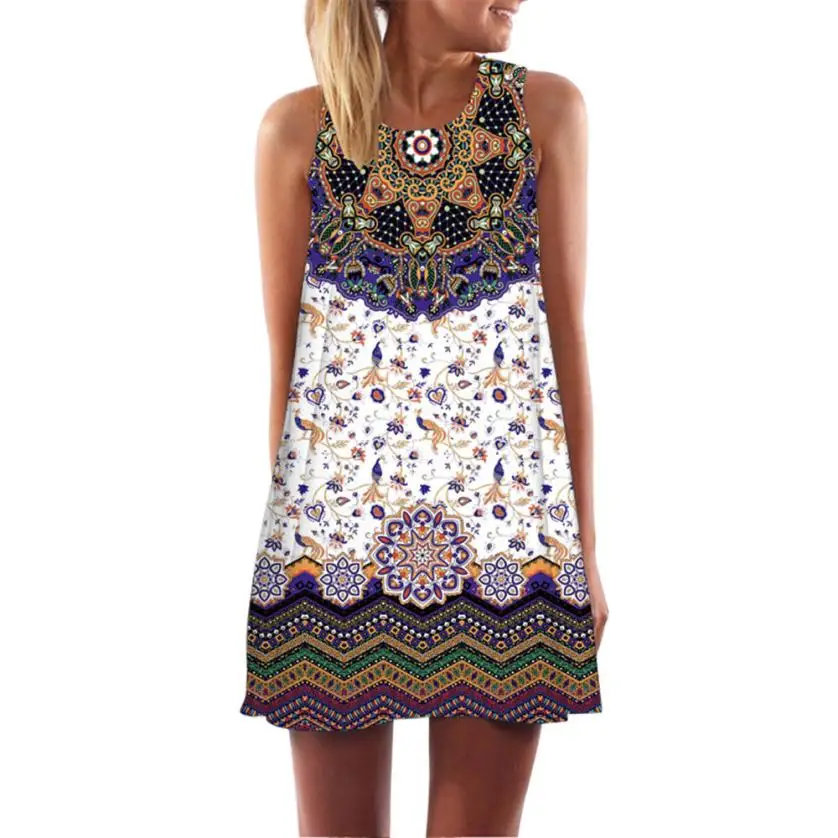 

Fashion 3D Floral Print Bohe Dress Women Loose Summer Vintage Sleeveless Tank Short Dress Robe Femme Ete @T2