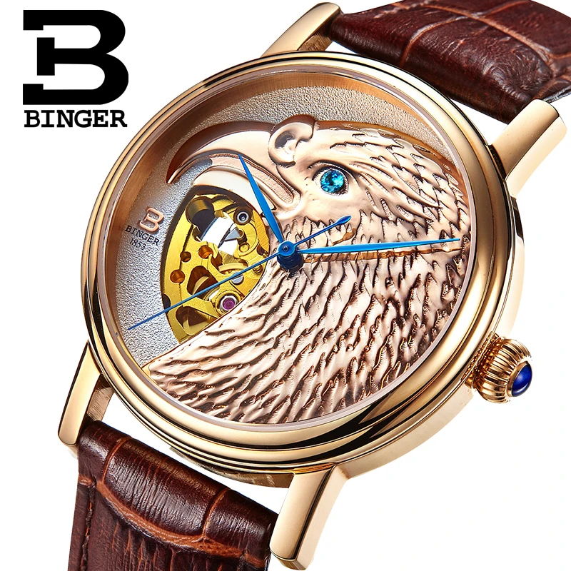 

Switzerland BINGER watches men Japan 8N24 Automatic Movemt hawk sapphire genuine leather strap Mechanical Wristwatches B8888-2
