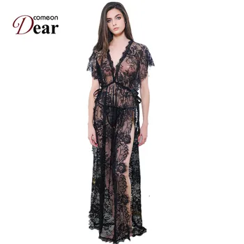 

RJ80262 Comeondear Spellbound All Of Lace Sexy Nightdress Mesh Solid Black Sleeping Dress Camisola De Dormir Long Lace Nightgown
