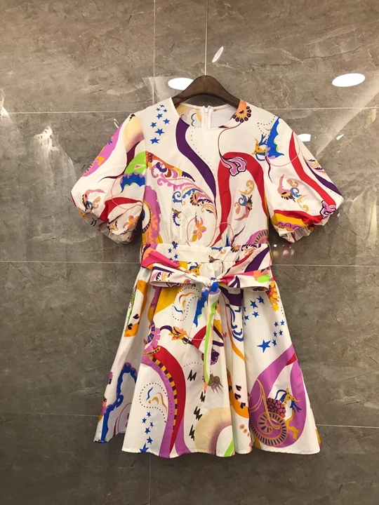 

2019 Summer New Women's Back Zipper with Received Waist Lantern Sleeve Printed Dress 704