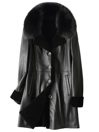 Куртка из натуральной кожи, пальто из натуральной овчины, Женская Толстая теплая подкладка из шерсти, зимние куртки, пальто с воротником из натурального Лисьего меха - Цвет: black
